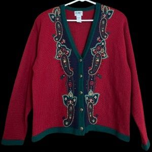 Koret Vintage Y2K Women’s Red Multi with Paisley Detail Cardigan Sweater Sz-M